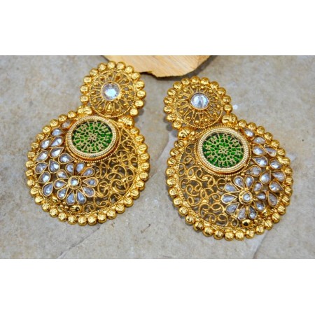 Gold Polki Green Thewa Earrings 